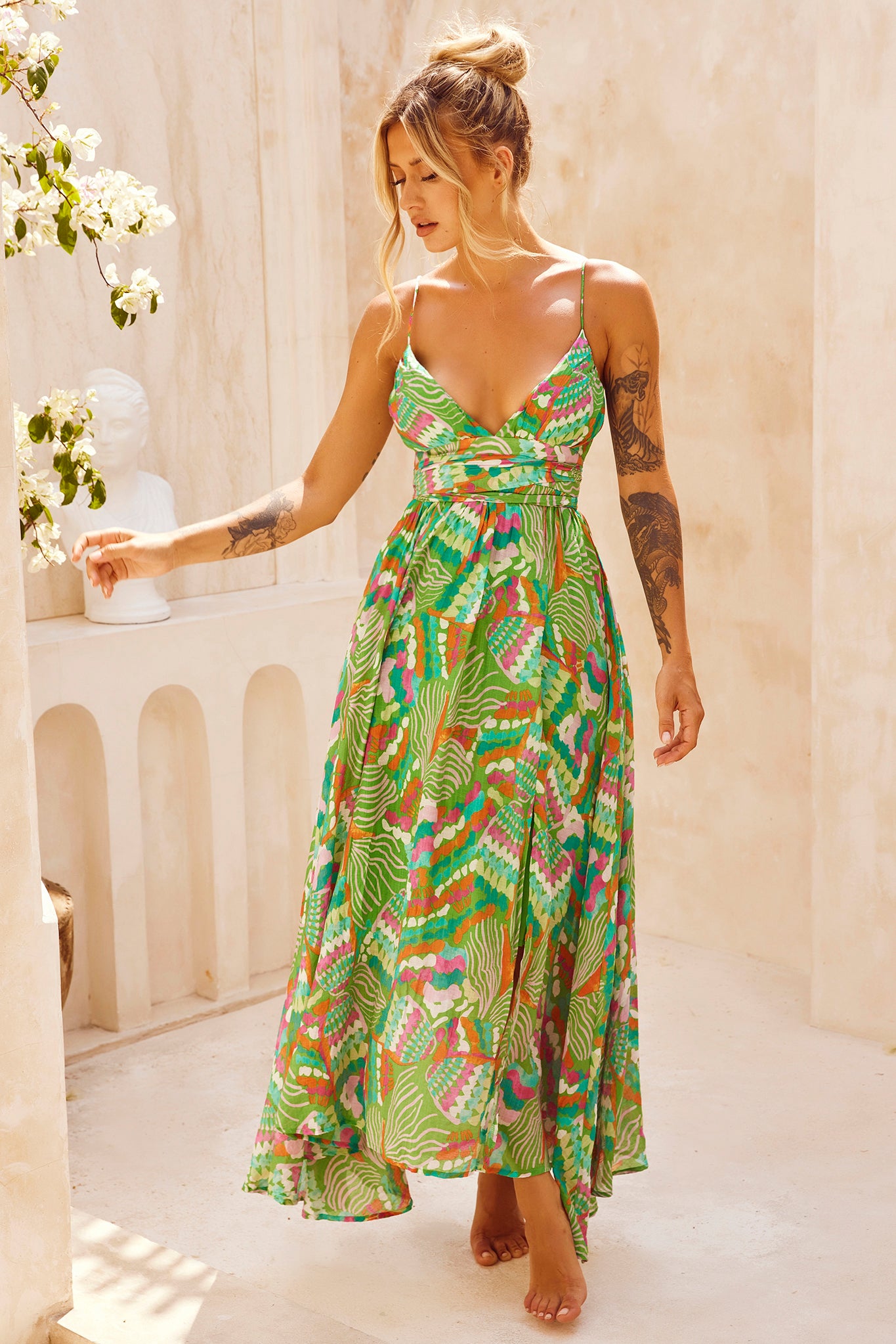 Green floral print 2025 maxi dress