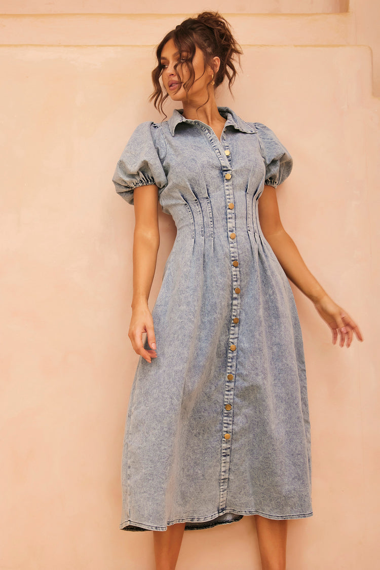 Amber Denim Midi Dress - Washed Blue