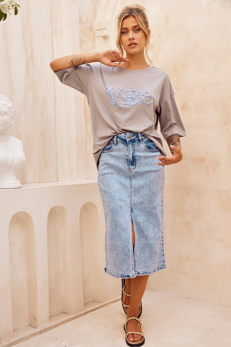 Always Mine Denim Midi Skirt - Washed Blue