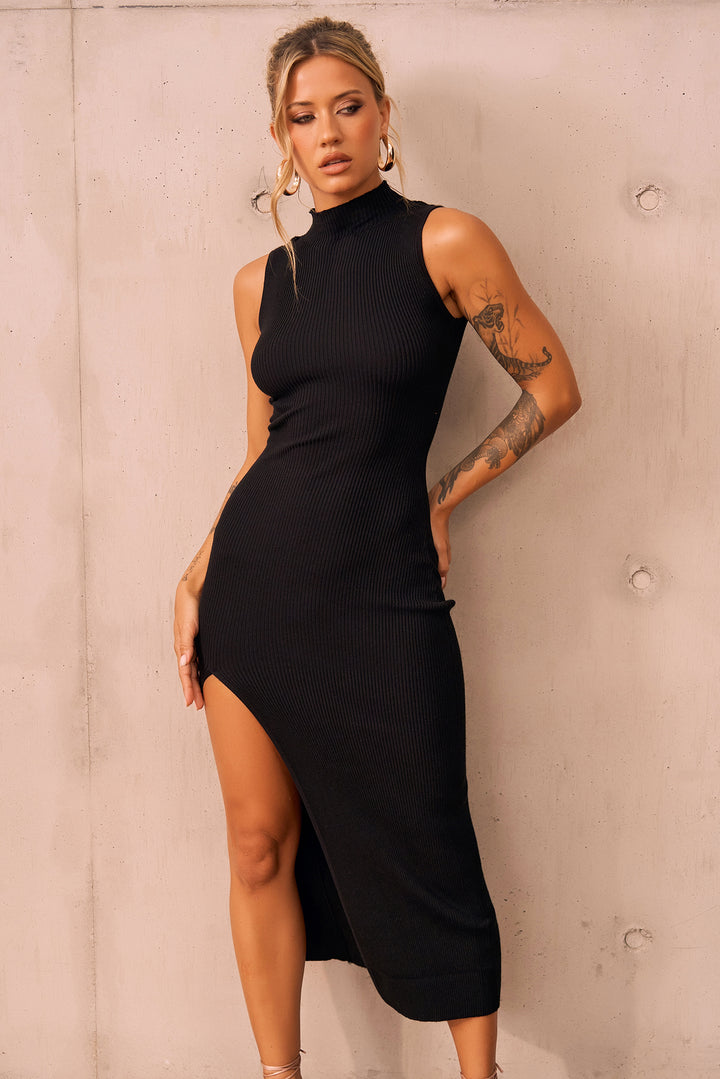 Bianca Rib Knit Midi Dress - Black