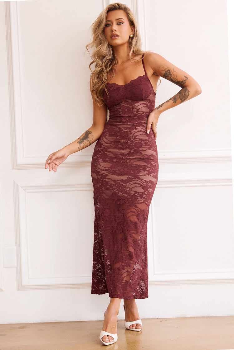 Feel It Still Lace Midi Dress - Wine | Sage and Paige AUS.