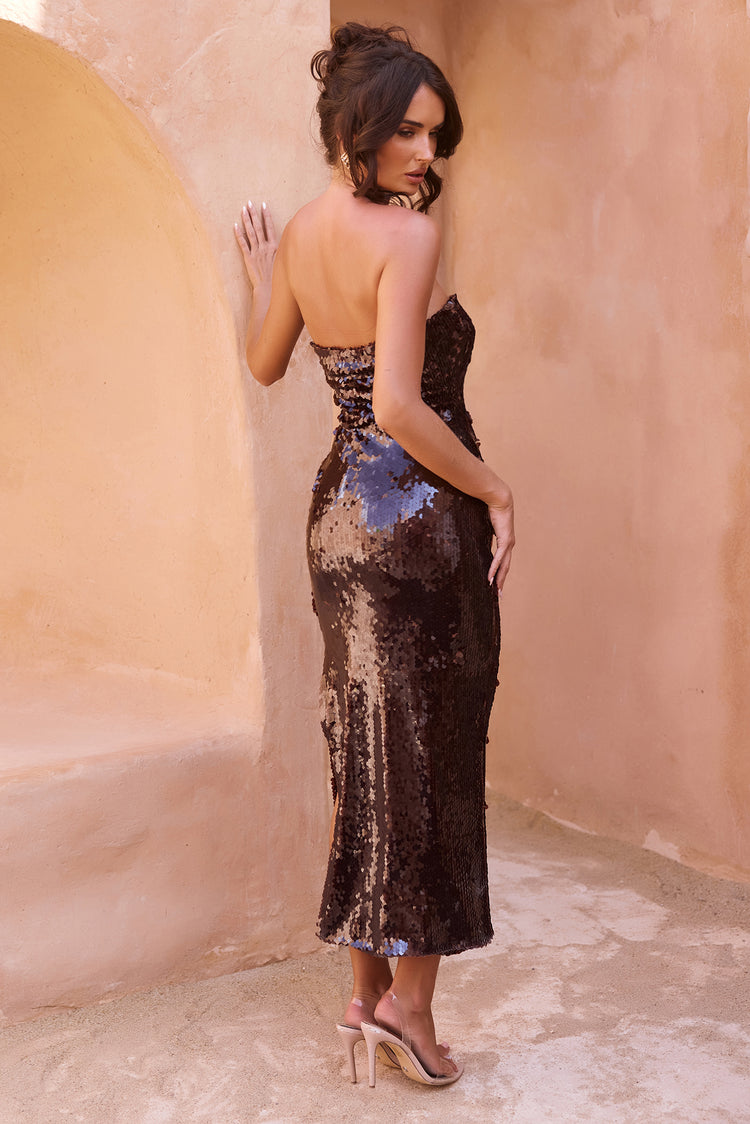 Bright Breezy Sequin Midi Dress - Chocolate | Sage and Paige AUS.