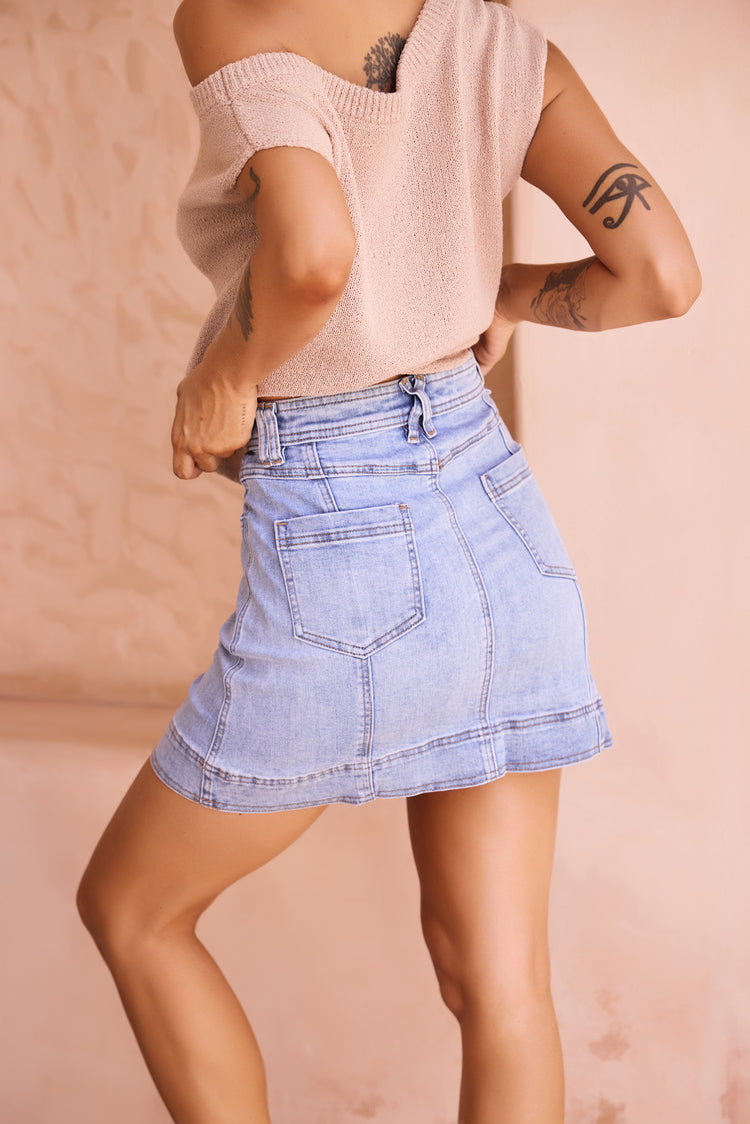 More Is More Denim Mini Skirt - Washed Blue | Sage and Paige AUS.