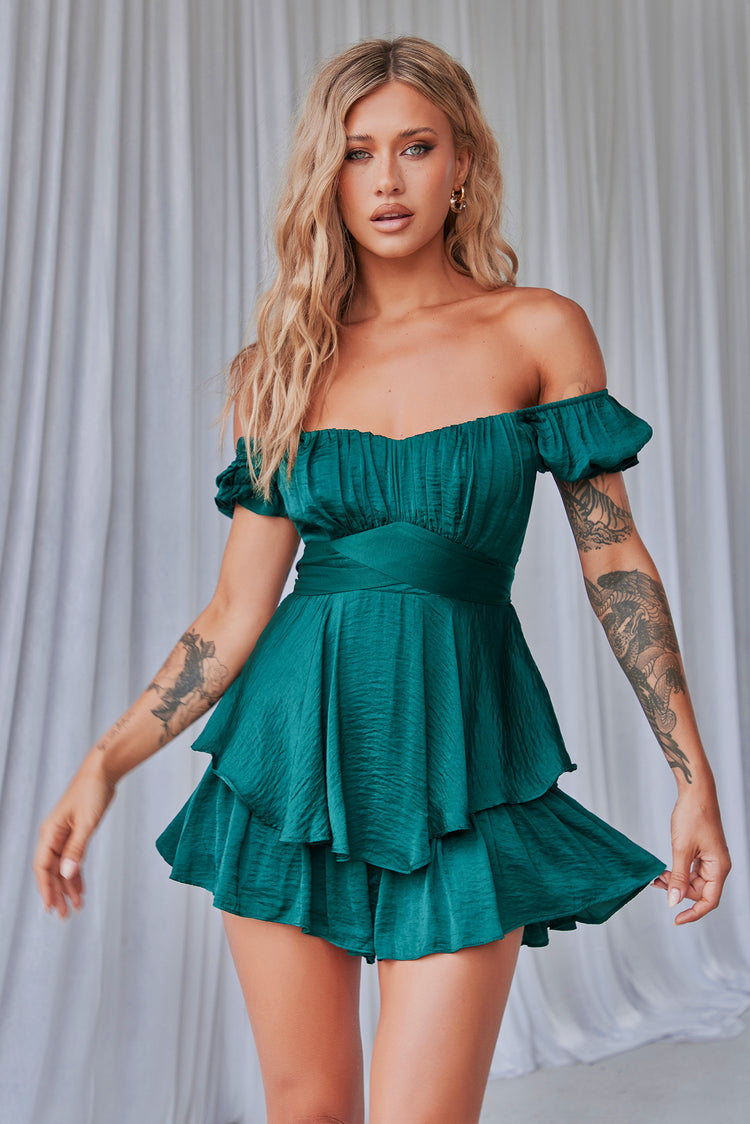 Ground Theory Off-the Shoulder Playsuit - Forest Green