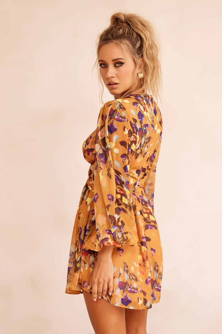 Pulling You In Mini Dress - Mustard Multi